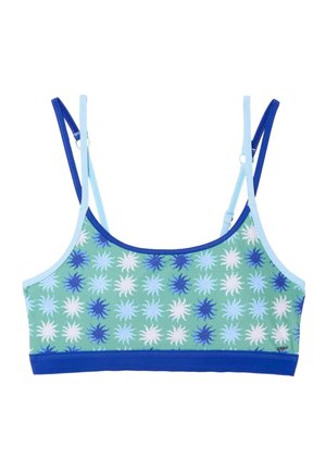 Zelený crop top s modrými a bielymi vzormi slnka, modré a svetlomodré nastaviteľné dvojité ramenné popruhy a jednofarebný modrý spodný lem.