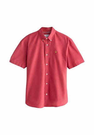 Men’s short-sleeve red button-up shirt with a button-down collar and a small embroidered yellow drink glass on the chest.