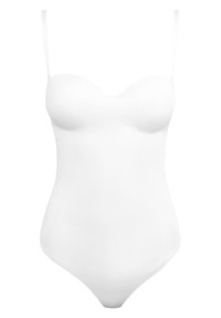 Vit bodysuit med tunna band, formande kupor, sömlös design och en mjuk textur; har en klassisk, åtsittande passform med högskurna ben.