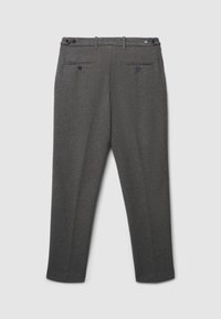 Graue Wollhosen mit weicher Textur, ausgestattet mit zwei Gesäßtaschen, Bundknöpfen und einem geraden Schnitt. Fein verarbeitet für einen sauberen Abschluss.