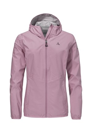 Hellrosa Kapuzenjacke mit Frontreißverschluss, zwei Seitentaschen, elastischen Bündchen und kleinem schwarzem Logo auf der Brust und dem linken Ärmel.