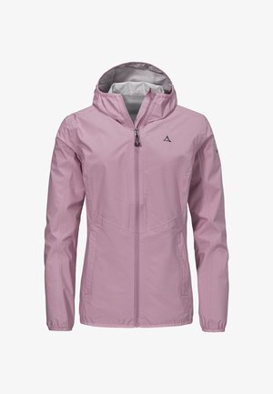 Hellrosa Kapuzenjacke mit Frontreißverschluss, zwei Seitentaschen, elastischen Bündchen und kleinem schwarzem Logo auf der Brust und dem linken Ärmel.