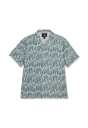Chemise à manches courtes avec motif global de coups de pinceau irréguliers en teal sur fond gris clair, col étalé et étiquette logo à l'avant.