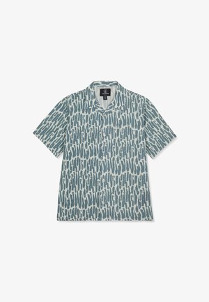 Chemise à manches courtes avec motif global de coups de pinceau irréguliers en teal sur fond gris clair, col étalé et étiquette logo à l'avant.