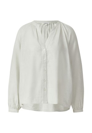 Svijetlosiva bluza dugih rukava s V-izrezom i zatvaranjem na kopčanje. Meki, teksturirani materijal s nabranim detaljima na ramenima.