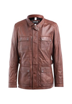 Braune Lederjacke mit Reißverschluss, vier Taschen und einem taillierten Gürtel. Sie verfügt über einen klassischen Kragen und eine elegante, glatte Textur.