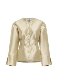 Satin long-sleeve blouse in pale gold, featuring a round neck, front closures with knots, and flared sleeves with split cuffs.