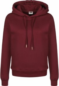Felpa con cappuccio borgogna realizzata in morbido tessuto, con tasca frontale e cordini, dotata di polsini e orlo a costine.
