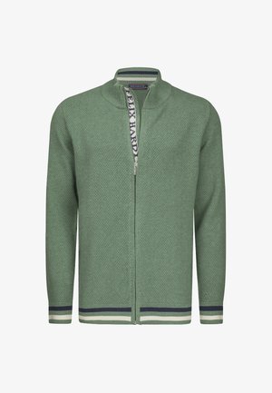 Cardigan verde con zip e texture, colletto alto, polsini e orlo a righe, con la scritta "FELIX HARDY" visibile sulla pattina interna.