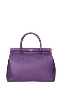 Borsa a mano in pelle viola con forma strutturata, dotata di due manici superiori e chiusura in metallo dorato. Superficie texture e dettagli accentuati.