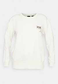 White long-sleeve sweatshirt with crew neck, featuring a small gold bird logo and text on upper left chest.