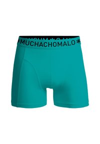 Boxer in blu aqua realizzati in materiale elasticizzato, con una cintura nera su cui è stampato in lettere grasse "MUCHACHOMALO".