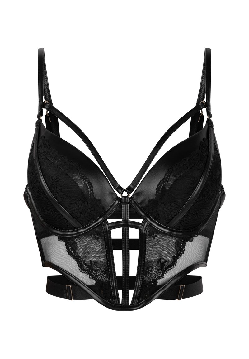 Soutien-gorge noir composé d'un mélange de dentelle et de maille, au design structuré avec plusieurs bretelles et une forme géométrique audacieuse.