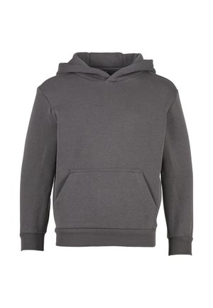 Schlichter dunkelgrauer Kapuzenpullover mit langen Ärmeln, Kängurutasche vorne, gerippten Bündchen und Saum, von vorne gezeigt.