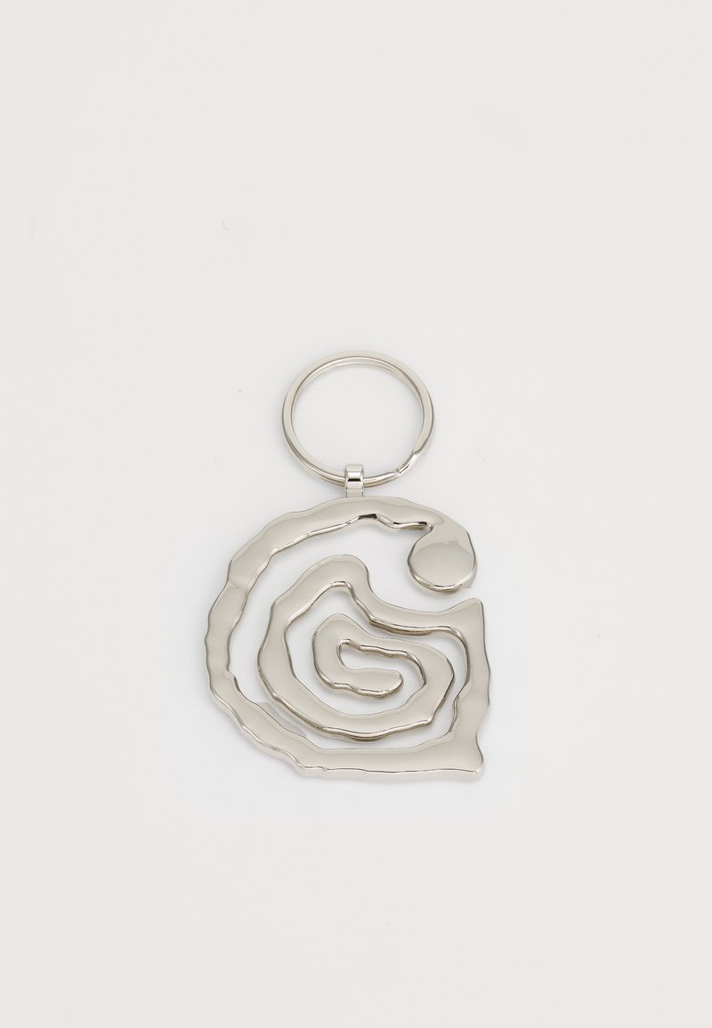 Silver metal keychain shaped like a spiral with textured, wavy edges. Includes a circular attachment loop at the top.