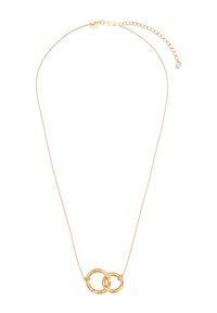 Złoty naszyjnik z dwoma wzajemnie splątanymi pierścieniami, delikatny łańcuszek oraz łańcuszek przedłużający, umożliwiający regulację długości. Gładkie wykończenie, minimalistyczny design.