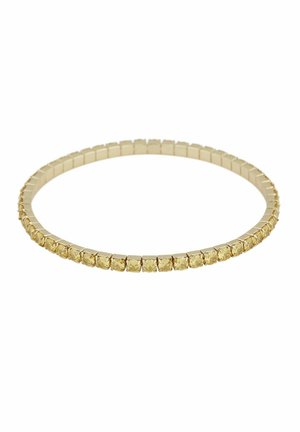 Gold tennis bracelet with square-cut yellow gemstones set continuously around the band.