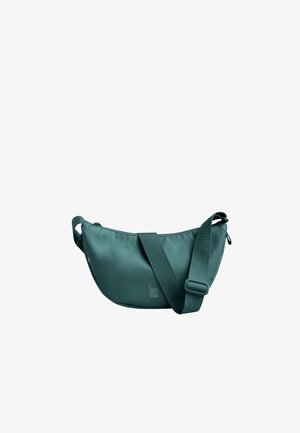 Borsa a tracolla verde a forma di mezzaluna con tracolla regolabile e chiusura a cerniera, realizzata in tessuto liscio con il logo "GOT BAG" sul davanti.