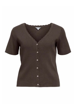 Cardigan à manches courtes côtelé marron avec col en V et six boutons sur le devant, en tissu tricoté doux.