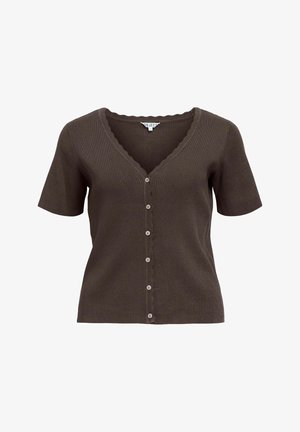Cardigan à manches courtes côtelé marron avec col en V et six boutons sur le devant, en tissu tricoté doux.