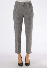 Pantaloni a scacchi slim fit, caratterizzati da una miscela di colori bianco e nero, con vita piatta e tasche laterali. Realizzati in tessuto leggero.