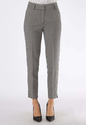 Pantaloni a scacchi slim fit, caratterizzati da una miscela di colori bianco e nero, con vita piatta e tasche laterali. Realizzati in tessuto leggero.