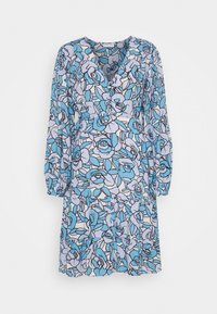 Blumenkleid mit langen Ärmeln, das ein blau-weißes Rosenmuster zeigt, V-Ausschnitt, taillierte Taille und fließenden Rockdetails. Leichter Stoff.