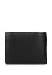 Portafoglio in pelle nera con superficie testurizzata, forma rettangolare e bordi puliti. Nessuna ferramenta o motivo visibile. Design semplice.