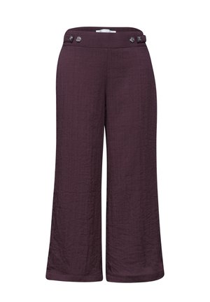 Wijde cropped broek in gestructureerde donker pruimkleurige stof met knoopsluitingen aan de tailleband, zonder zichtbare zakken of versieringen.