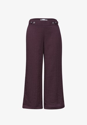 Wijde cropped broek in gestructureerde donker pruimkleurige stof met knoopsluitingen aan de tailleband, zonder zichtbare zakken of versieringen.