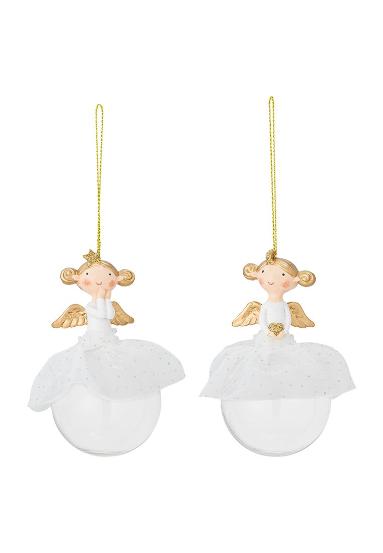 Ornements d'ange en céramique avec des accents dorés, des jupes en tissu blanc, des bases en verre clair et des cordons dorés pour suspendre. Deux designs distincts.