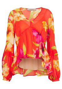 Rode bloes met lange mouwen, met een gelaagd ontwerp, levendige bloemenpatronen in roze en geel, en een V-halslijn.