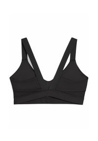 Reggiseno sportivo nero con sezione superiore in rete, spalline larghe, design a scollo a V e stile incrociato con cuciture rinforzate.