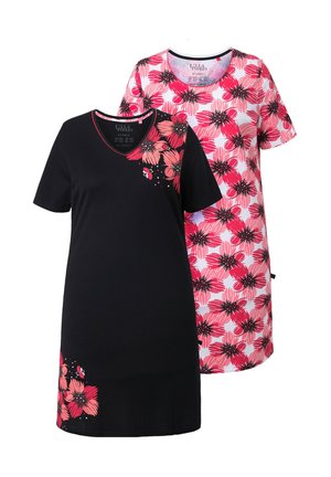 Due vestiti a maniche corte, uno nero con stampe di fiori rosa sulla spalla e sull'orlo, uno bianco con motivo floreale rosa e nero su tutta la superficie.