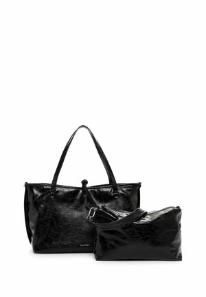Two black leather handbags with a textured finish, one tote with handles and one smaller zip-around pouch, shown on a white background.