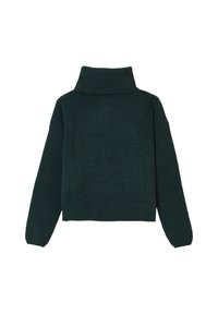 Dunkelgrüner Strickpullover mit hohem Kragen, langen Ärmeln und einem verkürzten Design mit gerippter Textur.