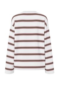 Valge pikaaegse varrukaga särk, millel on horisontaalsed pruunide ja heledate roosade triipudega. Pehme puuvillane materjal; avar istuvus ja ümar kaelus.