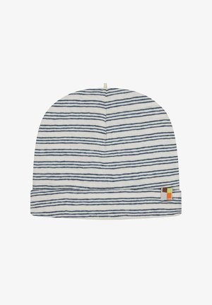 Berretto a maglia a righe in bianco con strisce orizzontali blu navy. Presenta un piccolo etichetta con logo multicolore. Texture morbida e forma arrotondata.