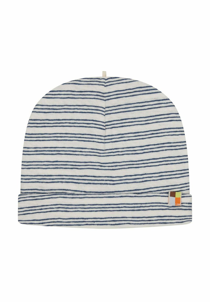Berretto a maglia a righe in bianco con strisce orizzontali blu navy. Presenta un piccolo etichetta con logo multicolore. Texture morbida e forma arrotondata.