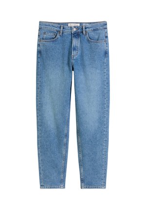 Helle blaue Jeans aus Denim mit geradem Schnitt, fünf Taschen und Kontrastnähten. Verfügt über einen Knopfverschluss und ein leichtes Verblassen.