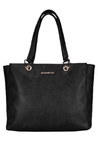Borsa tote nera in ecopelle con due manici lunghi. Presenta anelli e scritte dorate "BOSANOVA" sul davanti. Texture liscia, forma rettangolare.