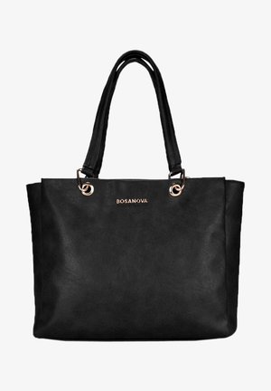 Bolso tote de imitación cuero negro con dos asas largas. Presenta anillos y letras en tono dorado "BOSANOVA" en la parte delantera. Textura suave, forma rectangular.