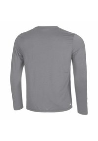 Langarmshirt aus hellgrauem Stoff, mit Rundhalsausschnitt und glatter Textur. Keine sichtbaren Muster oder Hardware-Details.