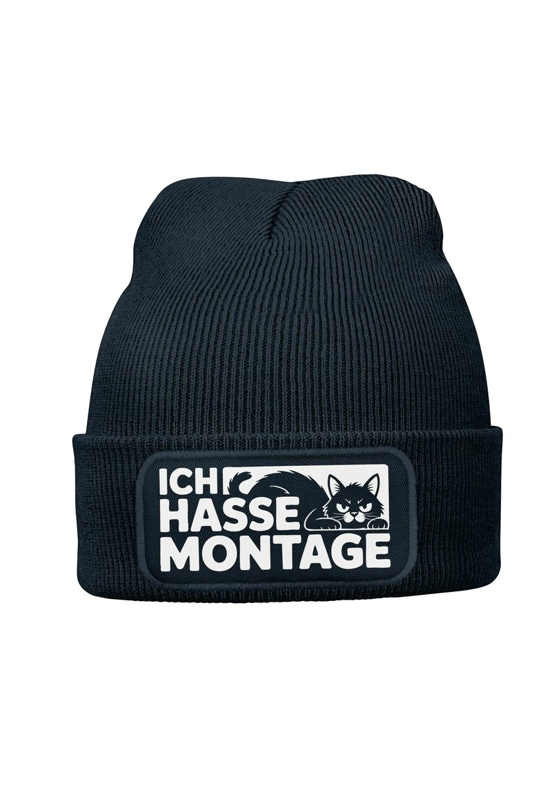Black knitted beanie featuring a fold-up cuff, textured pattern, and a white patch with a black cat graphic and the text "ICH HASSE MONTAGE."