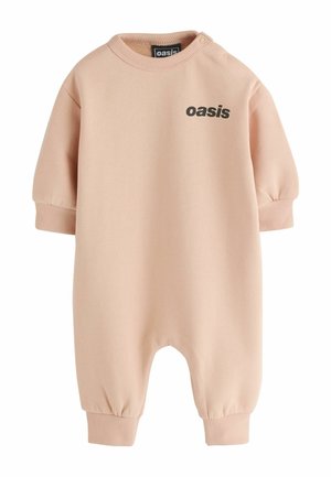 Bézs hosszú ujjú babaruházat bordázott mandzsettákkal, a mellkasán feketével nyomtatott "oasis" felirattal, vállán patentos gombokkal.