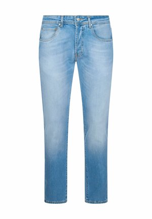 Jeans in denim azzurro chiaro con gamba dritta, design a cinque tasche, chiusura con bottoni e dettagli leggermente sbiaditi sulla parte anteriore delle cosce.