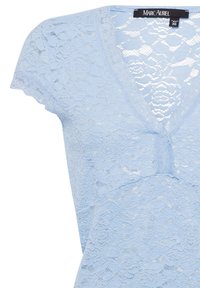 Himmelblaue Spitzenbluse mit V-Ausschnitt, kurzen Ärmeln und strukturiertem Blumenmuster. Verfügt über eine Knopfdetaillierung an der Vorderseite. Größe 36.