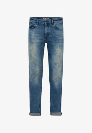 Sinivärvitatud denim teksad, millel on kulunud disain, sirge lõige ja keeratud varrukad. Sisaldab klassikalisi taskuid ja nööbiluku kinnitust vööl.