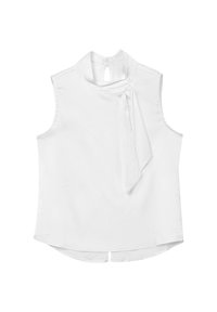 Blusa bianca senza maniche con colletto alto, caratterizzata da un accento legato al collo. Tessuto liscio con orlo dritto e dettaglio a occhio di bottone sul retro.
