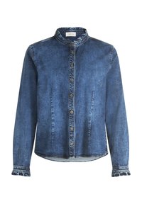 Koszula denimowa z falbaniastym kołnierzykiem, zapinana na guziki z przodu, z długimi rękawami i postrzępionym dołem; średni niebieski kolor, gładka tekstura.